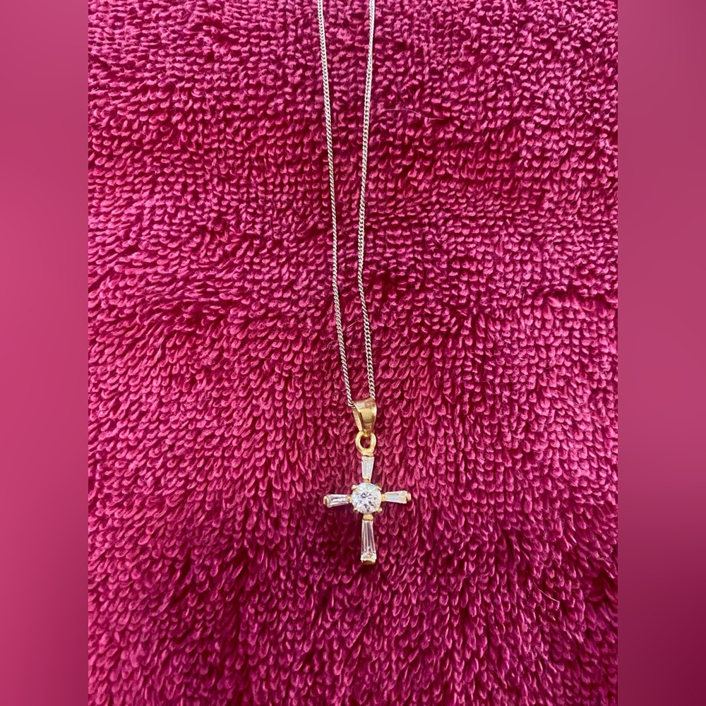 Necklace 20”L Gold Chain w/Rhinestone Cross Pendant - Picture 2 of 2